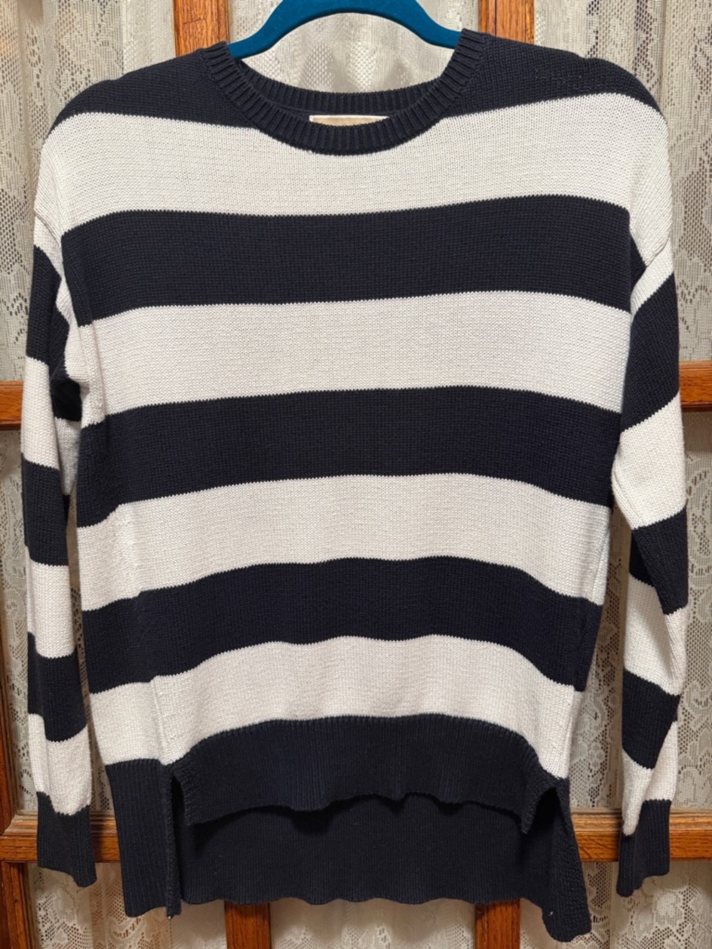 Michael Kors Navy and White Striped Crewneck Sweater